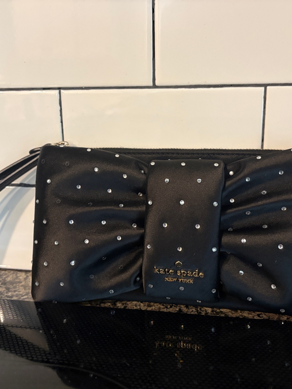 kate spade Black Crystal-Stud Satin Wristlet Clutch